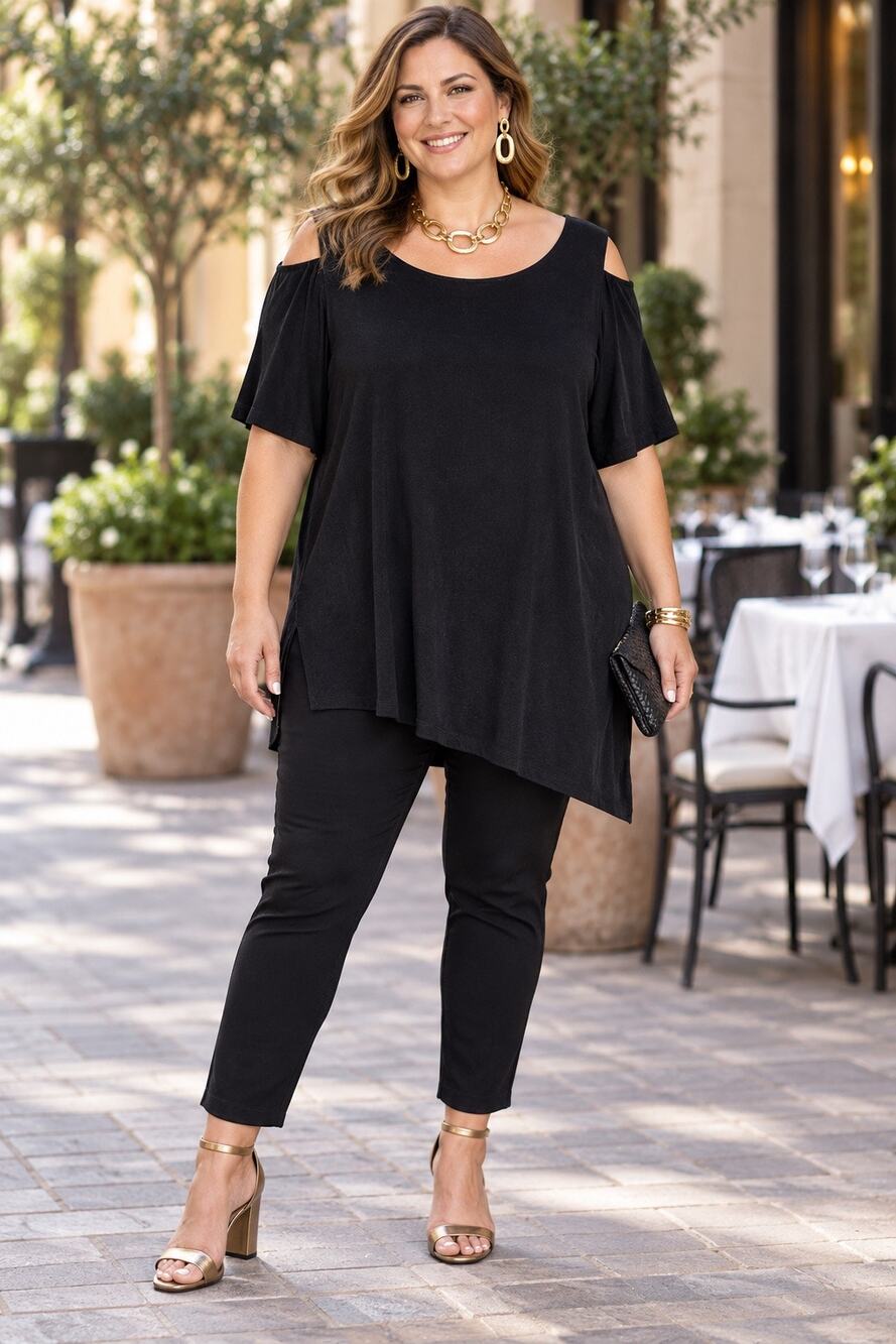 Chico’s Travelers Size 3 XL Black Cold Shoulder Asymmetrical Tunic Top